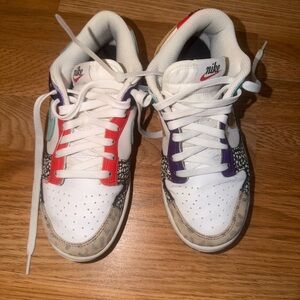Nike women’s dunks  White Low-Top Sneakers with Red, Purple & Teal Accents